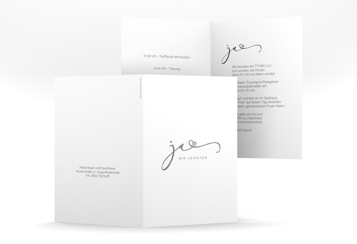 Hochzeitseinladung Jawort A6 Klappkarte hoch weiss silber modern minimalistisch mit veredelter Aufschrift