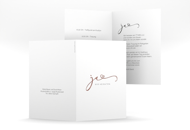 Hochzeitseinladung Jawort A6 Klappkarte hoch weiss rosegold modern minimalistisch mit veredelter Aufschrift