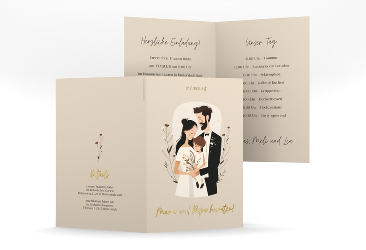 Einladungskarte Hochzeit Familienglück A6 Klappkarte hoch beige gold für Paare mit Kind