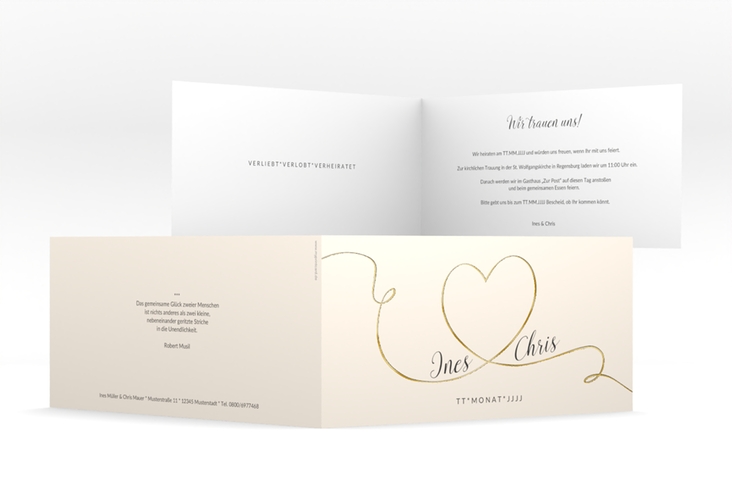 Hochzeitseinladung Dolce lange Klappkarte quer beige gold