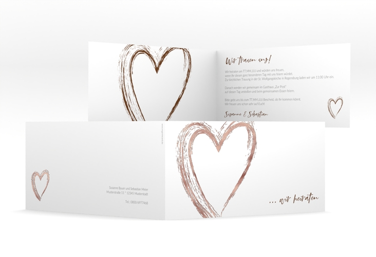 Hochzeitseinladung Liebe lange Klappkarte quer braun rosegold