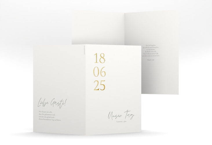 Kirchenheft Hochzeit Day A5 Klappkarte hoch weiss gold mit Datum im minimalistischen Design