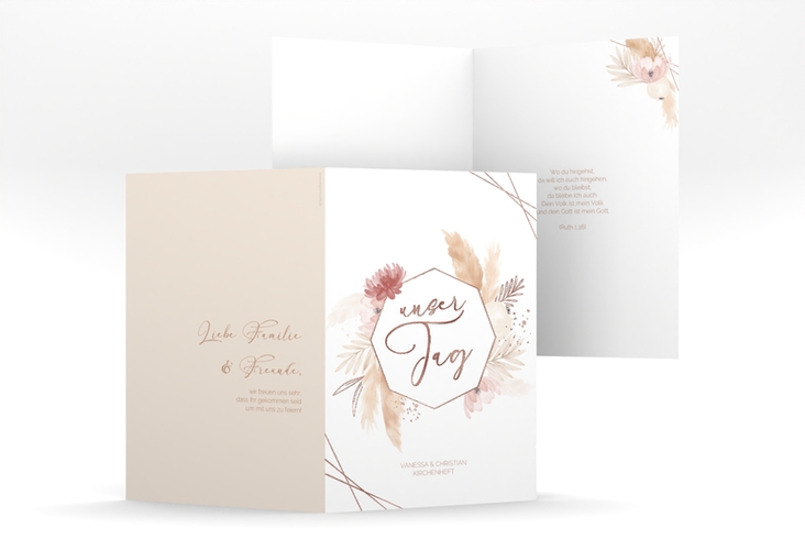 Kirchenheft Hochzeit Bohostyle A5 Klappkarte hoch beige rosegold mit Pampasgras in Aquarell