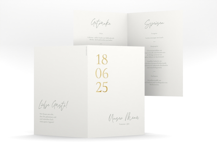 Menükarte Hochzeit Day A5 Klappkarte hoch weiss gold mit Datum im minimalistischen Design