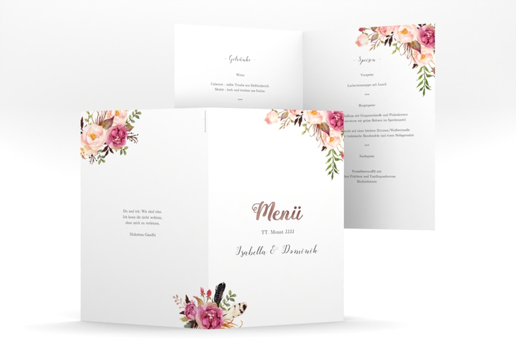 Menükarte Hochzeit Flowers A5 Klappkarte hoch weiss rosegold mit bunten Aquarell-Blumen