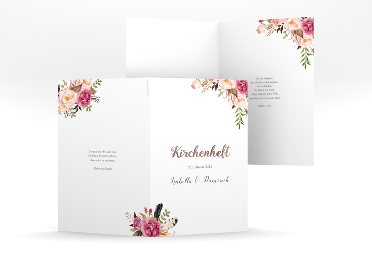 Kirchenheft Hochzeit Flowers A5 Klappkarte hoch weiss rosegold mit bunten Aquarell-Blumen