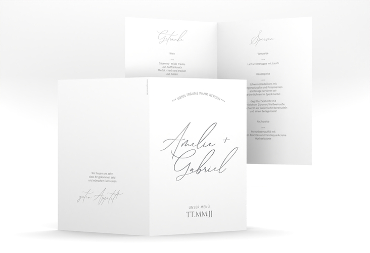 Menükarte Hochzeit Federschrift A5 Klappkarte hoch weiss silber in schlichtem Design mit Kalligrafie