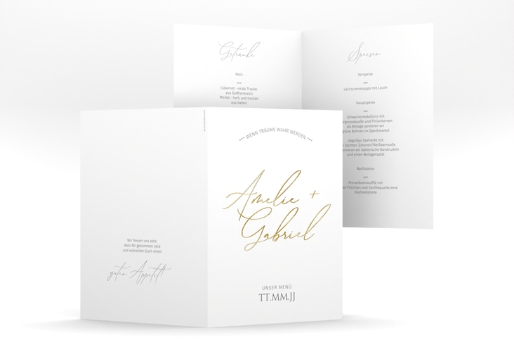 Menükarte Hochzeit Federschrift A5 Klappkarte hoch weiss gold in schlichtem Design mit Kalligrafie