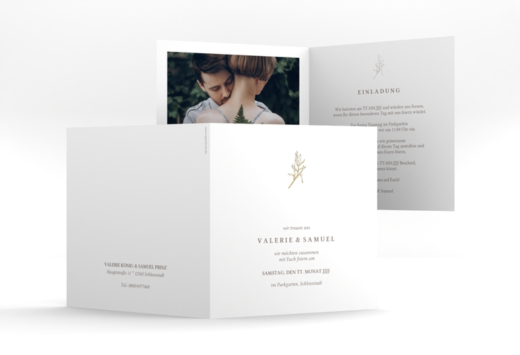 Hochzeitseinladung Ivy quadr. Klappkarte weiss gold minimalistisch mit kleiner botanischer Illustration