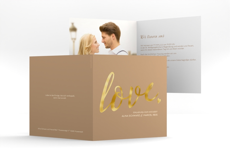 Hochzeitseinladung Glam quadr. Klappkarte beige gold