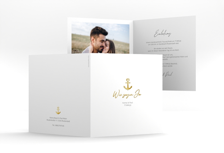 Hochzeitseinladung Ankerliebe quadr. Klappkarte weiss gold im minimalistischen maritimen Design mit Anker