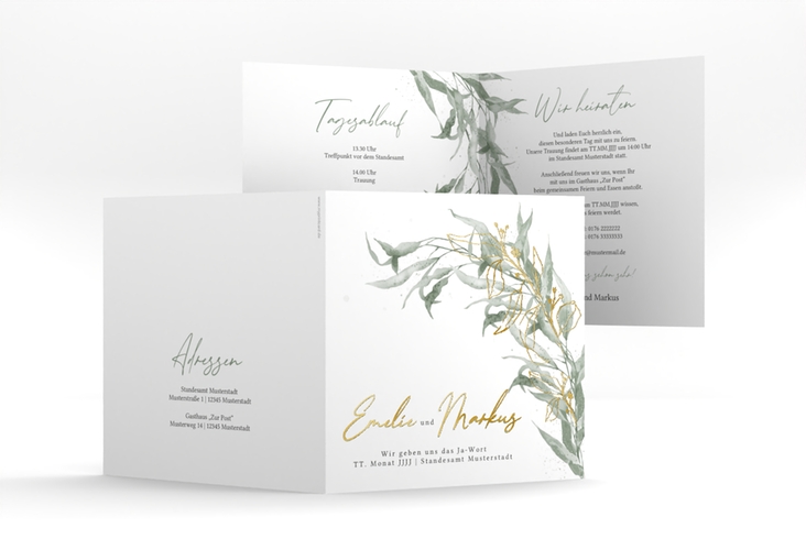 Hochzeitseinladung  Eucalyptus Green quadr. Klappkarte weiss gold