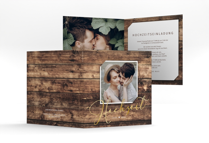 Hochzeitseinladung Rustic quadr. Klappkarte braun gold in Holz-Optik mit Foto