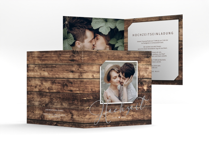 Hochzeitseinladung Rustic quadr. Klappkarte braun silber in Holz-Optik mit Foto