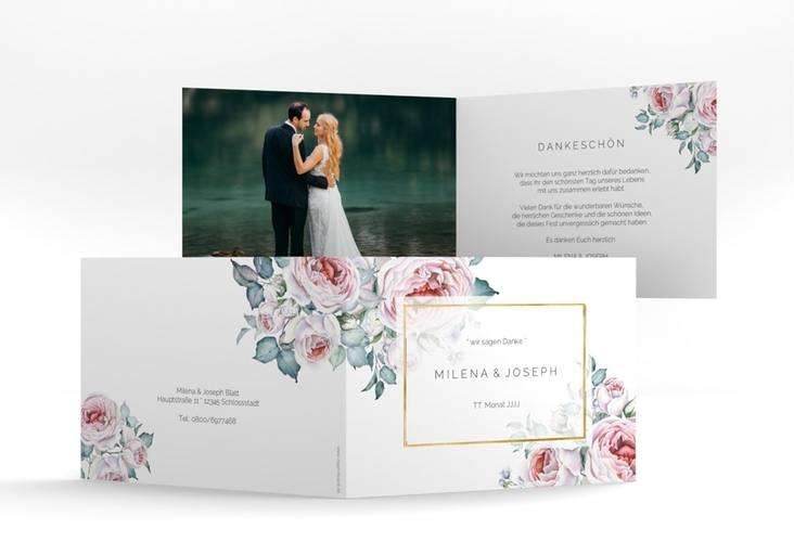 Dankeskarte Hochzeit Embrace A6 Klappkarte quer weiss gold