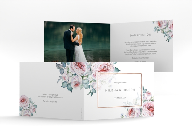 Dankeskarte Hochzeit Embrace A6 Klappkarte quer weiss rosegold