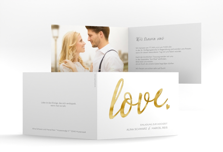 Hochzeitseinladung Glam A6 Klappkarte quer weiss gold