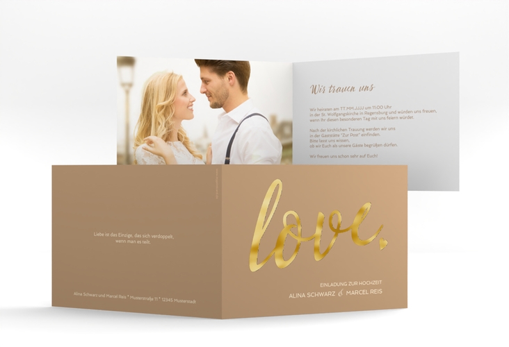 Hochzeitseinladung Glam A6 Klappkarte quer beige gold