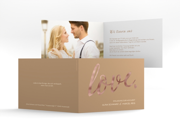 Hochzeitseinladung Glam A6 Klappkarte quer beige rosegold