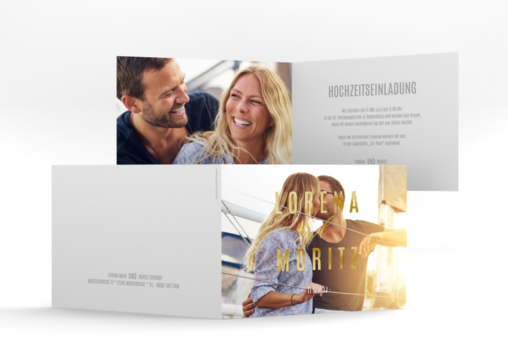 Hochzeitseinladung Memory A6 Klappkarte quer weiss gold