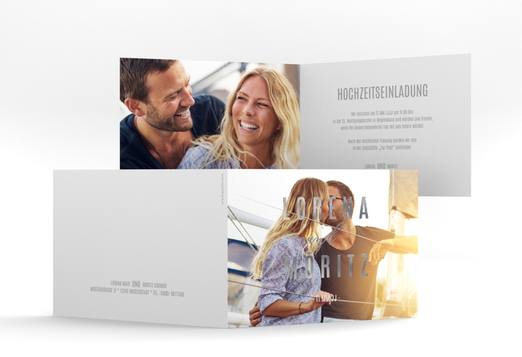 Hochzeitseinladung Memory A6 Klappkarte quer weiss silber