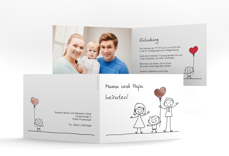 Hochzeitseinladung Family A6 Klappkarte quer weiss rosegold