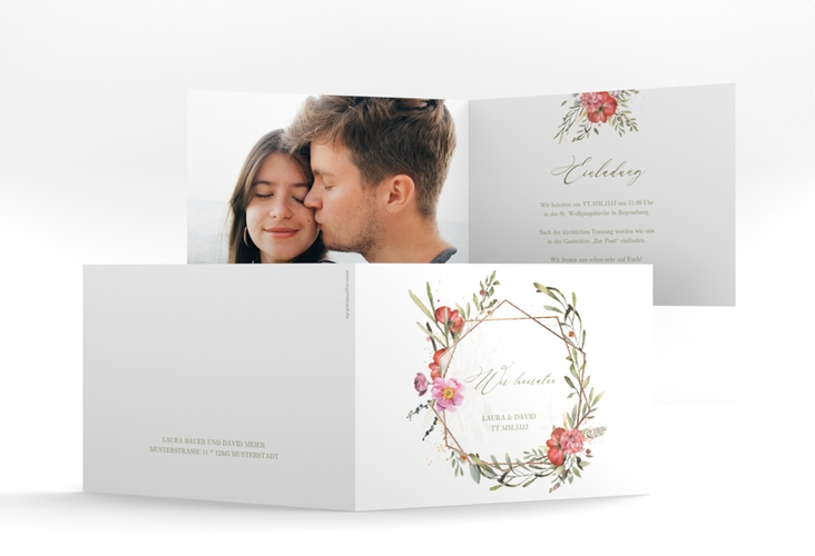 Hochzeitseinladung Sommergarten A6 Klappkarte quer weiss rosegold