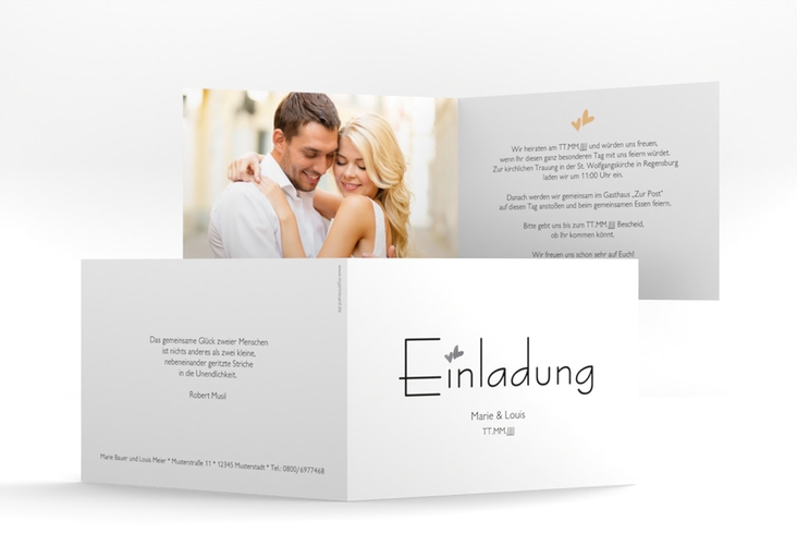 Hochzeitseinladung Twohearts A6 Klappkarte quer beige silber