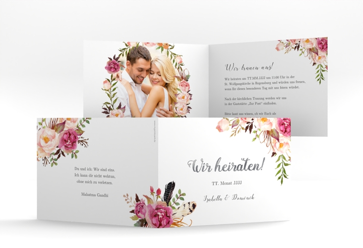 Hochzeitseinladung Flowers A6 Klappkarte quer weiss silber mit bunten Aquarell-Blumen