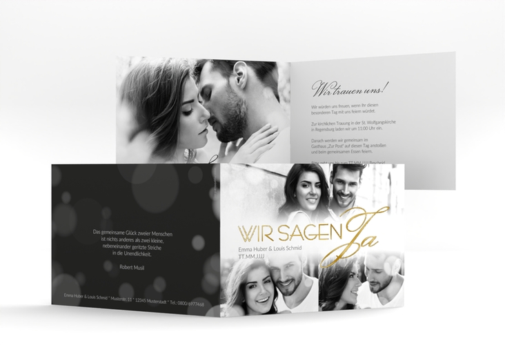 Hochzeitseinladung Bokeh A6 Klappkarte quer weiss gold