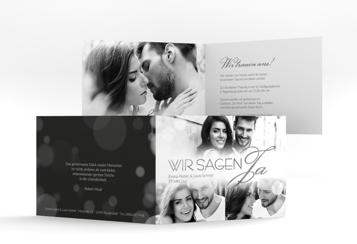 Hochzeitseinladung Bokeh A6 Klappkarte quer weiss silber