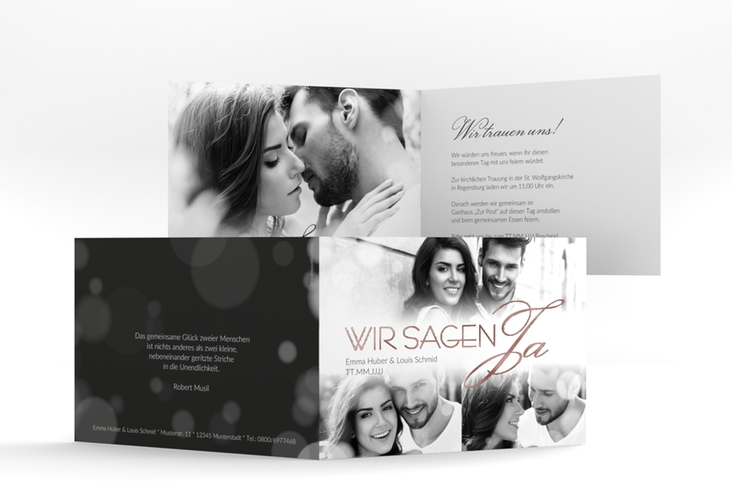 Hochzeitseinladung Bokeh A6 Klappkarte quer weiss rosegold