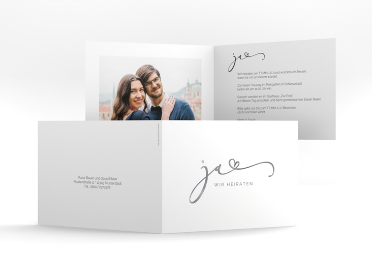 Hochzeitseinladung Jawort A6 Klappkarte quer weiss silber modern minimalistisch mit veredelter Aufschrift