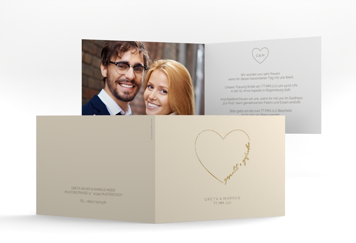 Hochzeitseinladung Lebenstraum A6 Klappkarte quer beige gold