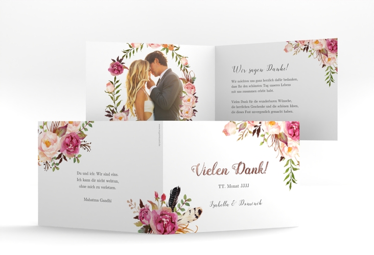 Danksagungskarte Hochzeit Flowers A6 Klappkarte quer weiss rosegold mit bunten Aquarell-Blumen