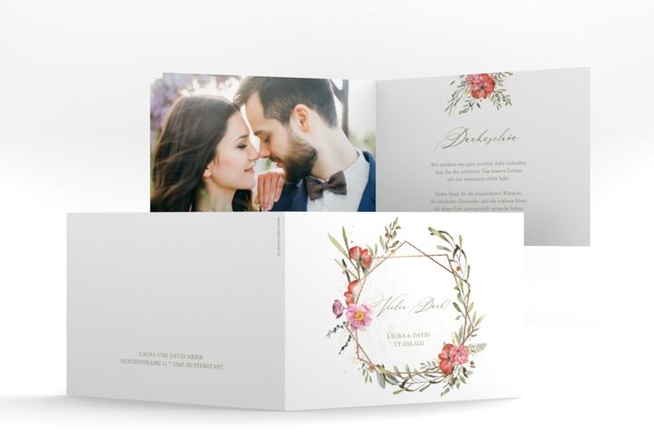 Dankeskarte Hochzeit Sommergarten A6 Klappkarte quer weiss rosegold