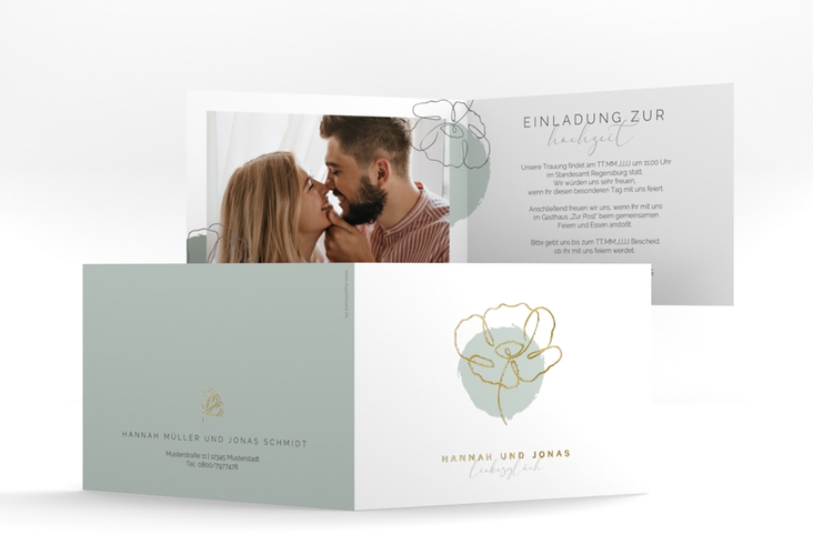 Hochzeitseinladung Flowerline A6 Klappkarte quer gruen gold