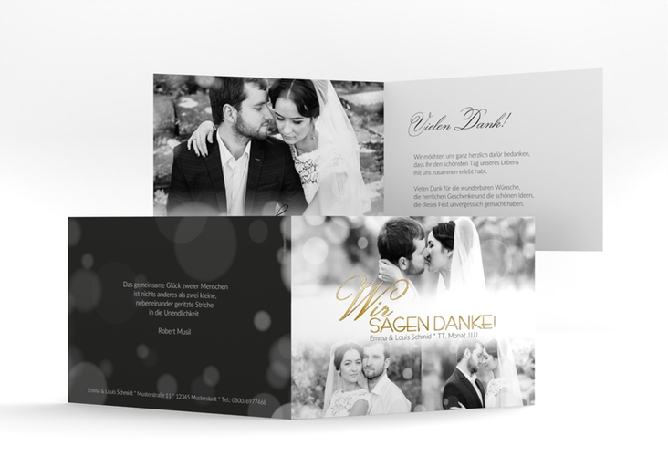 Danksagungskarte Hochzeit Bokeh A6 Klappkarte quer weiss gold