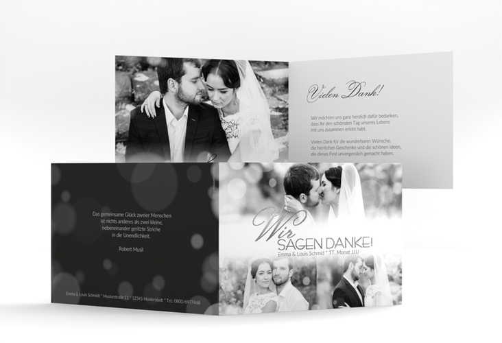 Danksagungskarte Hochzeit Bokeh A6 Klappkarte quer weiss silber