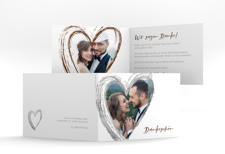 Danksagung Hochzeit Liebe A6 Klappkarte quer braun silber