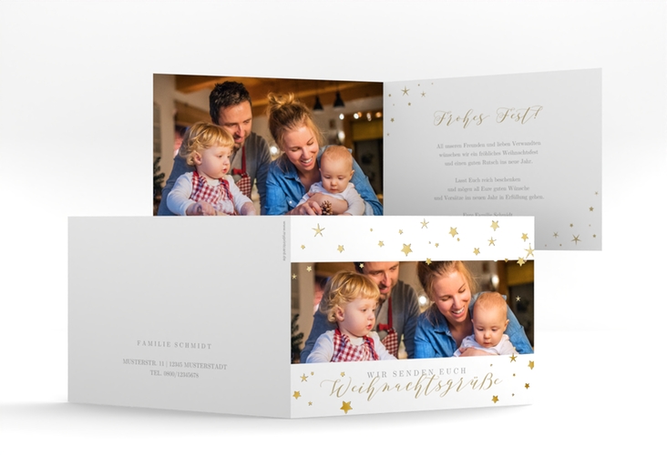 Weihnachtskarte Sternennacht A6 Klappkarte quer weiss gold mit Sternchen und Familienfoto