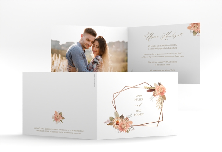 Hochzeitseinladung Strohblume A6 Klappkarte quer weiss rosegold