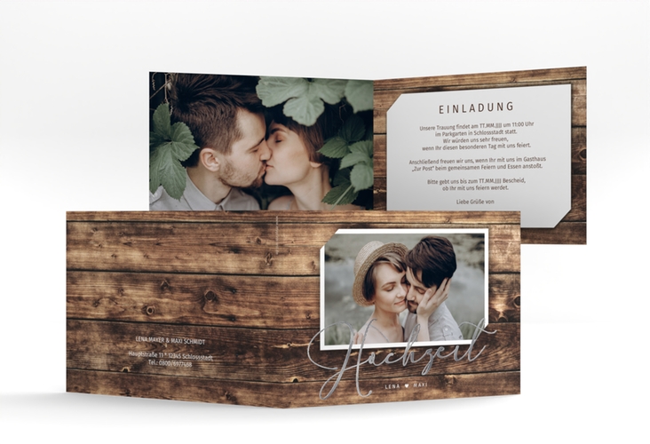 Hochzeitseinladung Rustic A6 Klappkarte quer braun silber in Holz-Optik mit Foto