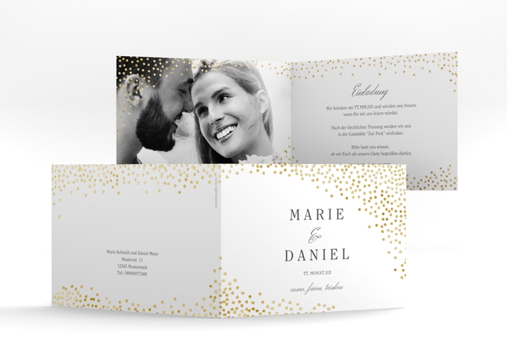 Hochzeitseinladung Glitter A6 Klappkarte quer weiss gold