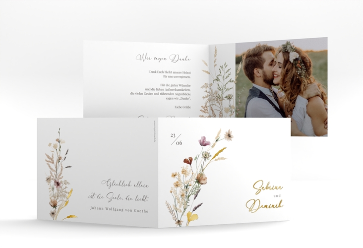 Danksagungskarte Hochzeit Sauvages A6 Klappkarte quer weiss gold mit getrockneten Wiesenblumen