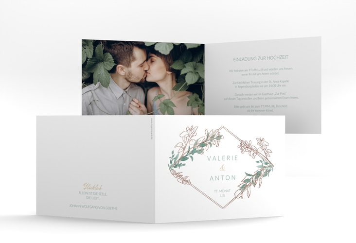 Hochzeitseinladung Verde A6 Klappkarte quer weiss rosegold