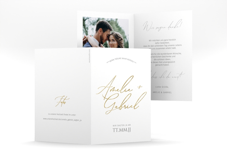 Danksagungskarte Hochzeit Federschrift A6 Klappkarte hoch weiss gold in schlichtem Design mit Kalligrafie