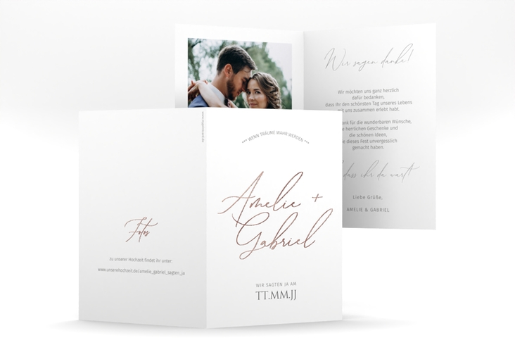 Danksagungskarte Hochzeit Federschrift A6 Klappkarte hoch weiss rosegold in schlichtem Design mit Kalligrafie