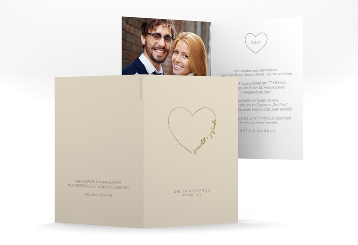 Einladungskarte Hochzeit Lebenstraum A6 Klappkarte hoch beige gold