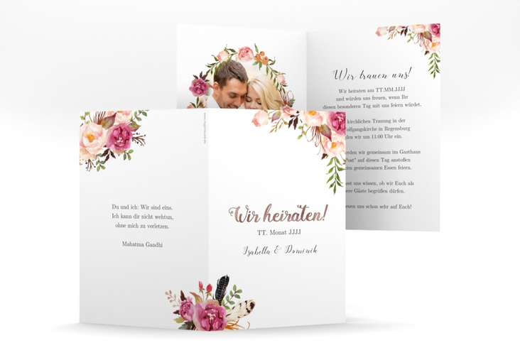 Einladungskarte Hochzeit Flowers A6 Klappkarte hoch weiss rosegold mit bunten Aquarell-Blumen